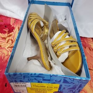 Metallic Gold Strappy Mule Heels - Women's Slip-On Dress Mules
